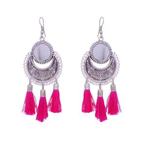 Avika Women's Oxidized Metallic Earring Set with Pink thread